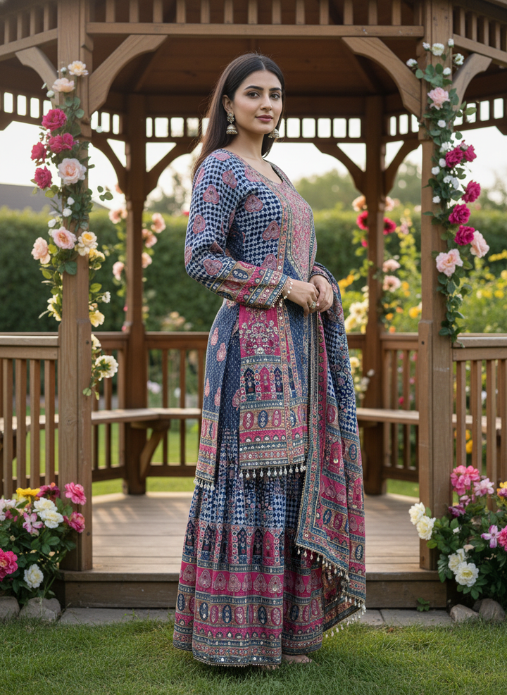 Navy Blue Muslin Sharara with Printed Embroidery (41377)