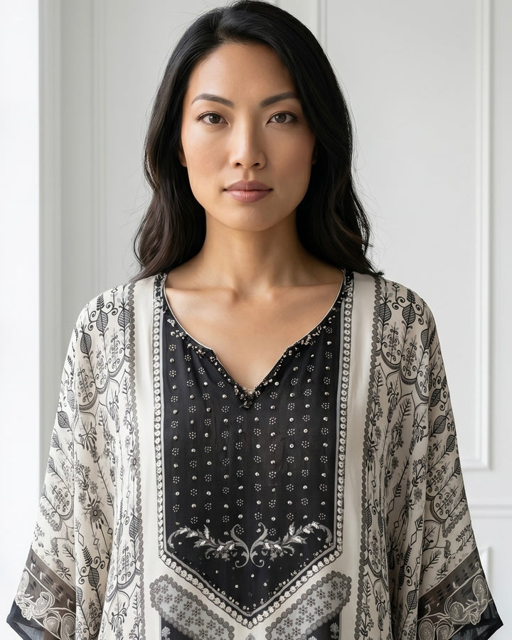 White/Black Muslin Embroidered Festive Kaftan (42207)