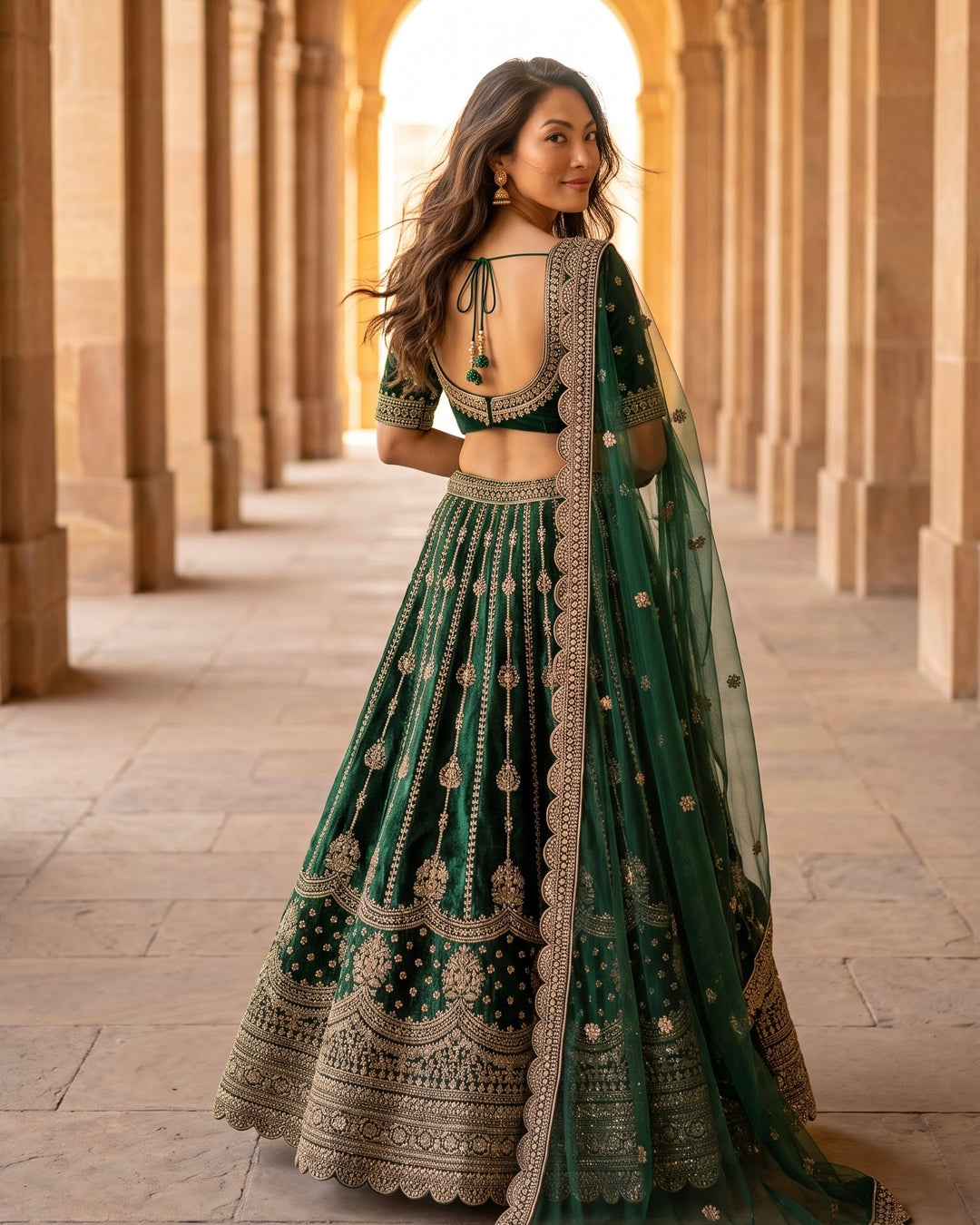 Emerald Velvet Embroidered Bridal Lehenga (40021)