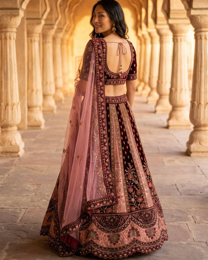 Maroon Velvet Embroidered Bridal Lehenga (47624)