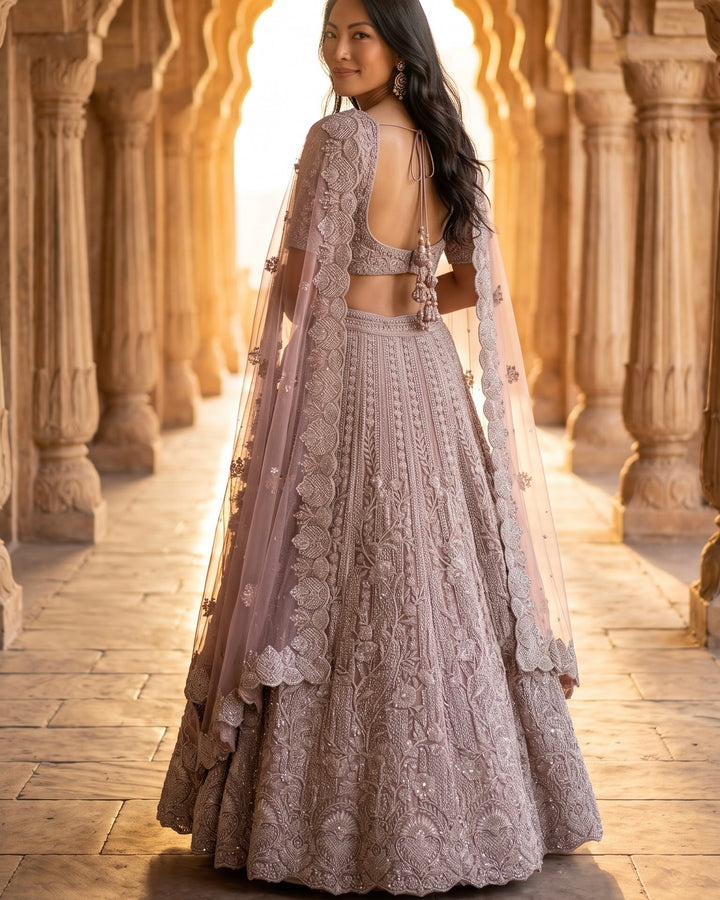 Lavender Net Embroidered Bridal Lehenga (46784)