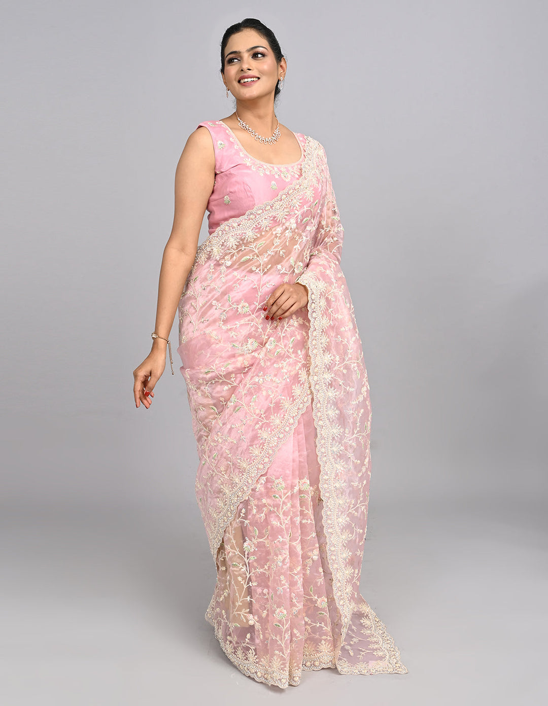 Ayla – Blush Pink Organza Saree with Thread & Stone Embroidery | Fazals (46586)