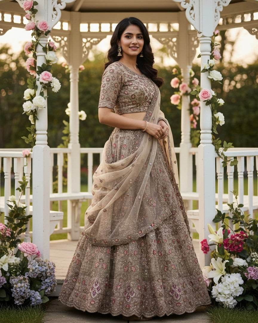 Beige Embroidered Net Bridal Dupatta (54317)