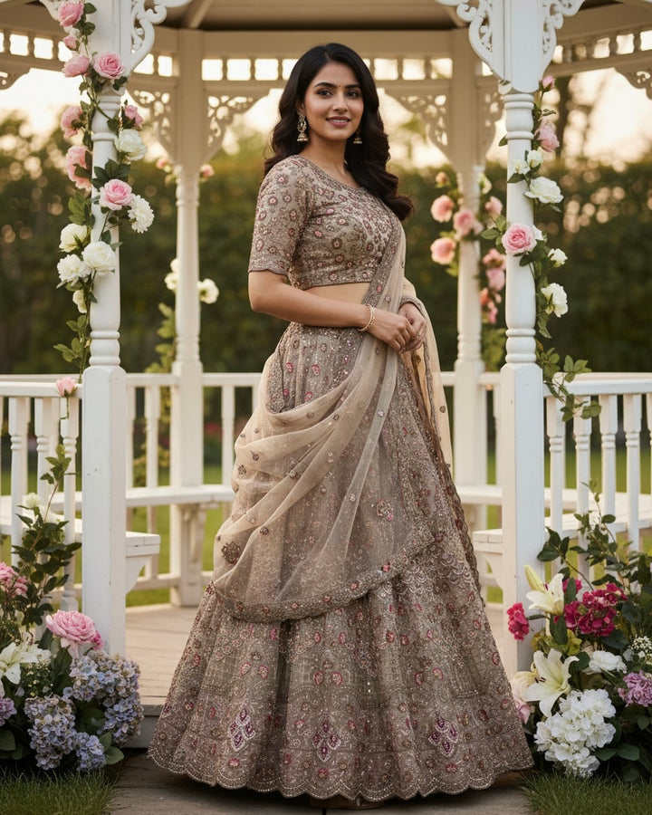 Beige Embroidered Net Bridal Dupatta (54317)