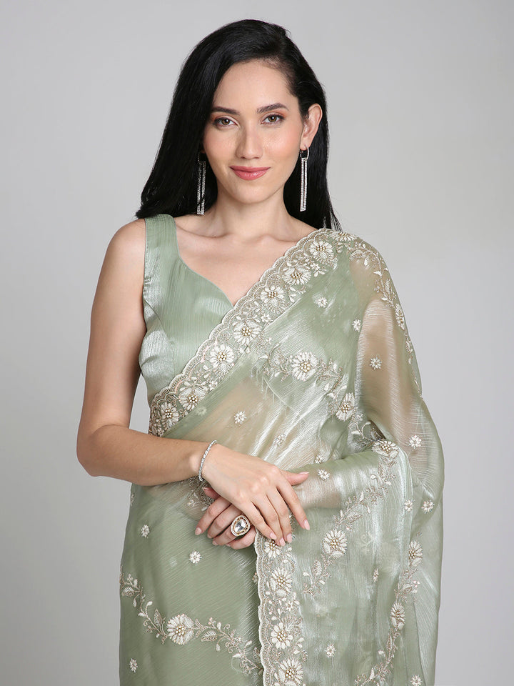 Ishira – Sage Green Embroidered Chiffon Saree with Pearl Lace Border | Fazals (44171)