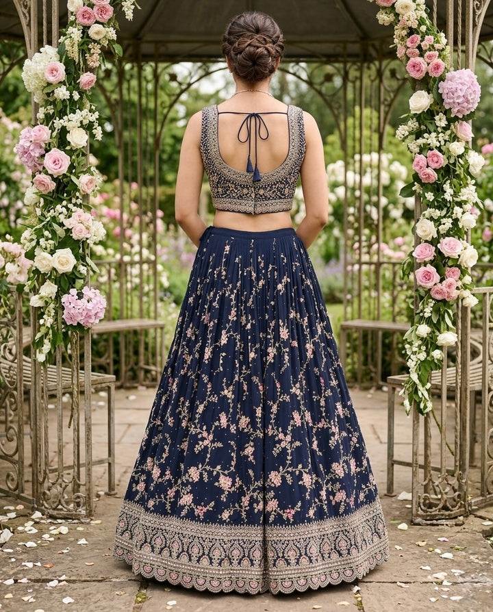 Navy Blue Embroidered Silk Festive Dupatta (49520)
