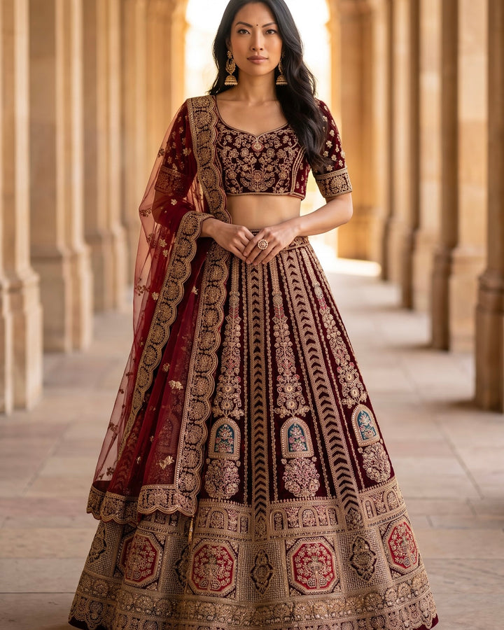 Maroon Velvet Embroidered Bridal Lehenga (42942)