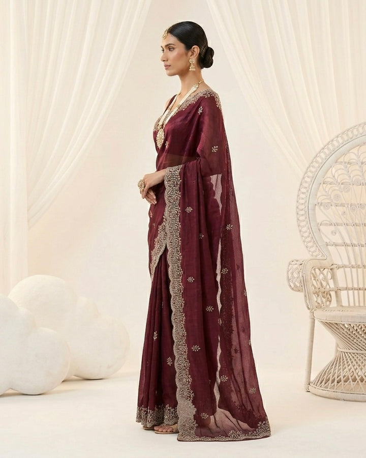 Wine Organza Saree with Allover Embroidery (54585)