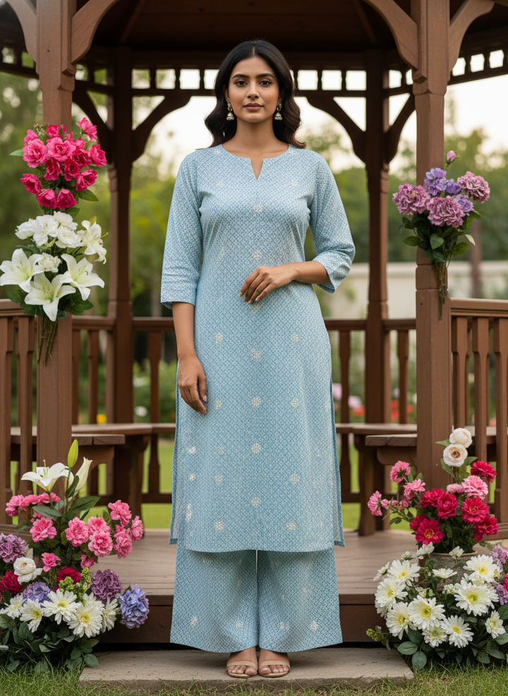 Light Blue Mull Printed Embroidery Drape (54405)