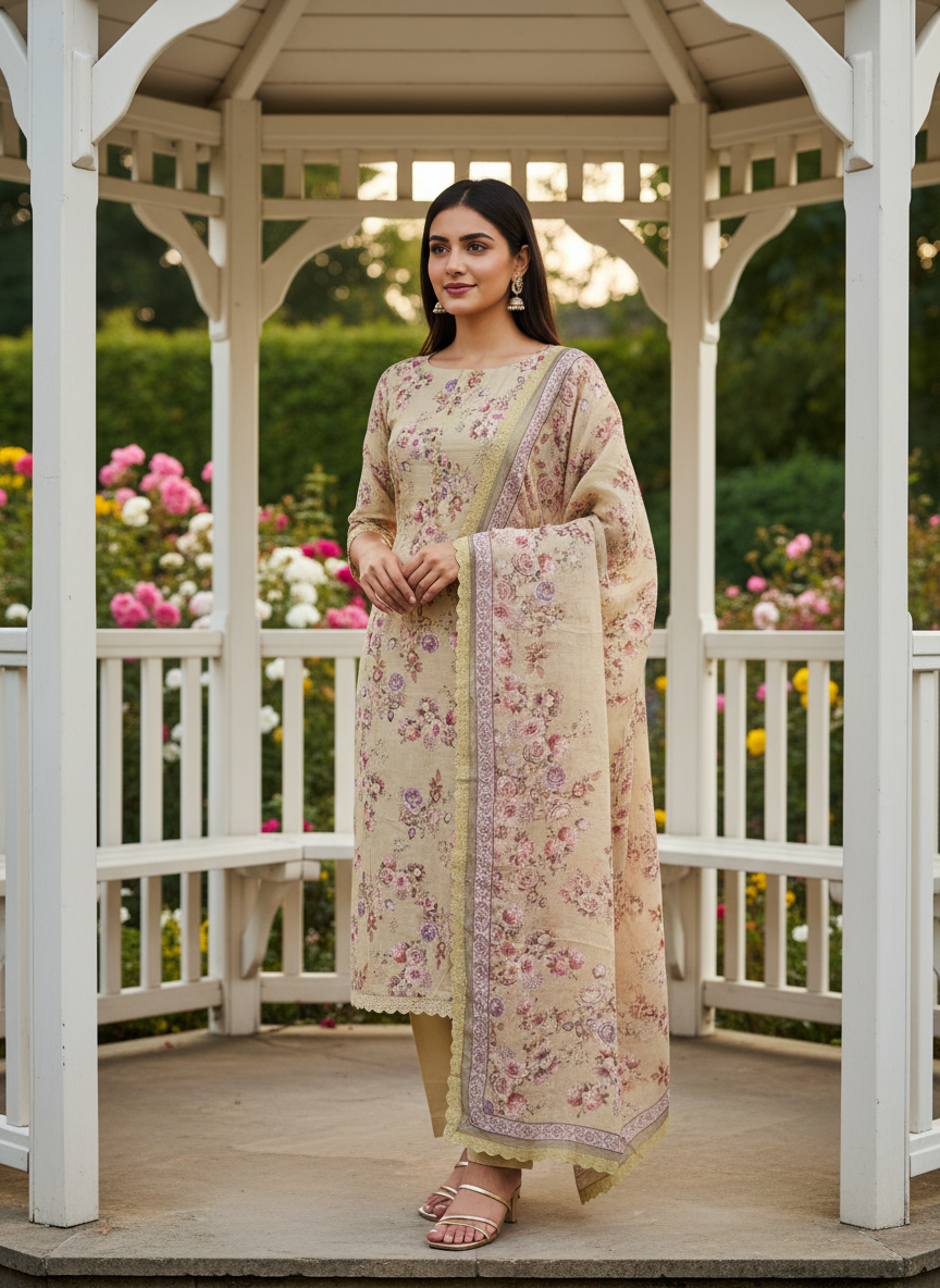 Mustard Linen with Printed Embroidery Elegance (49361)