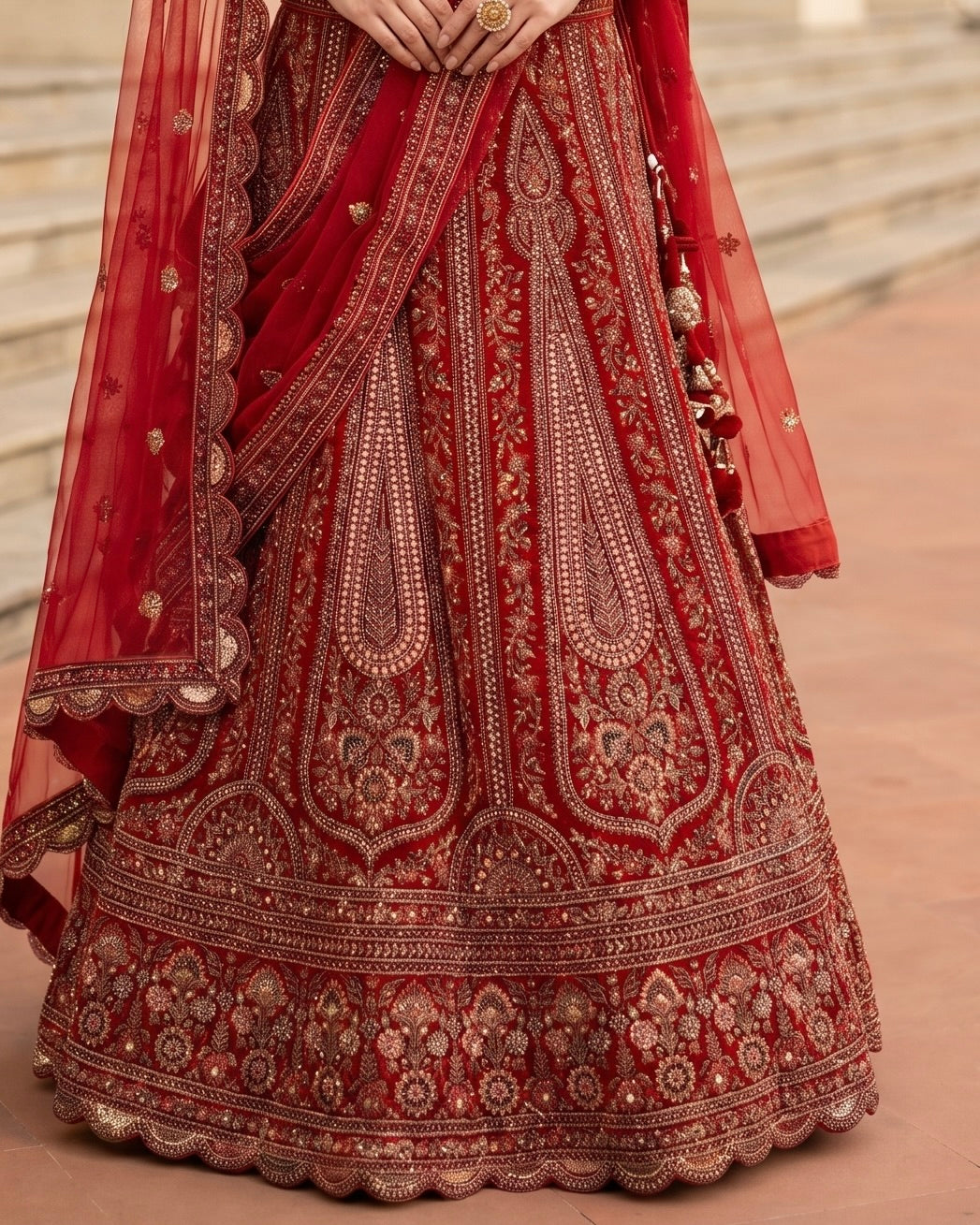 Crimson Velvet Bridal Dupatta with Embroidery (45519)
