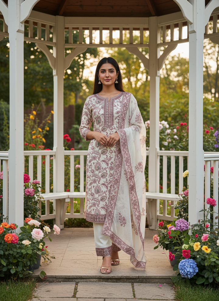 Cream Upada Silk Embroidered Unstitched Suit (54847)