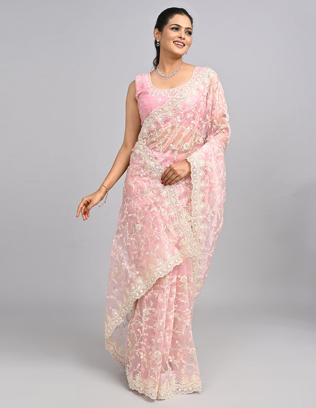 Ayla – Blush Pink Organza Saree with Thread & Stone Embroidery | Fazals (46586)