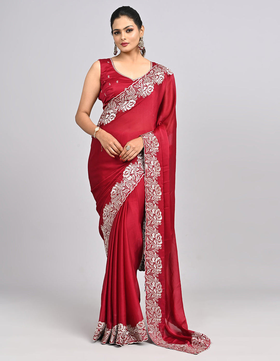 Ruhani – Red Chinnon Saree with Threadwork Border & Self-Coloured Blouse | Fazals (48096)