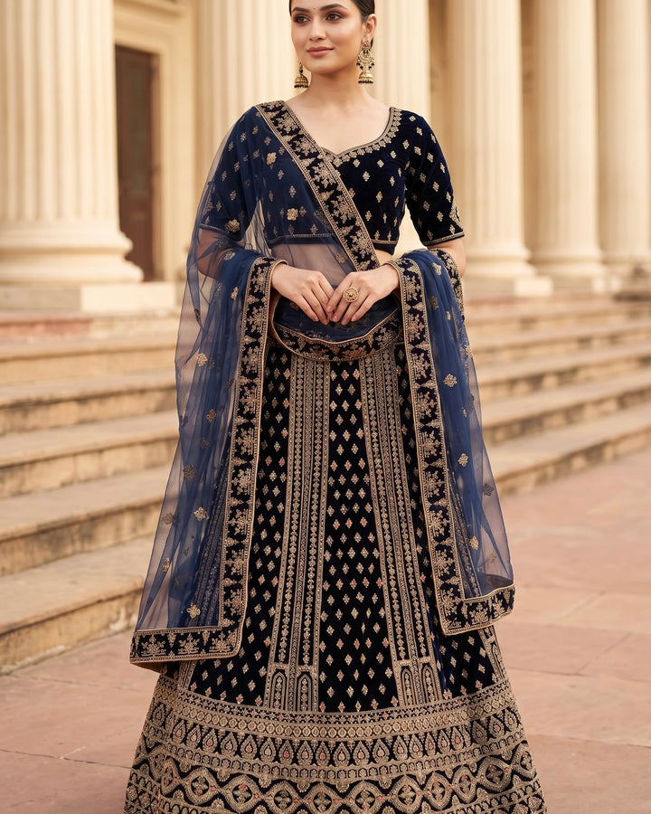 Navy Blue Velvet Embroidered Bridal Dupatta (45365)