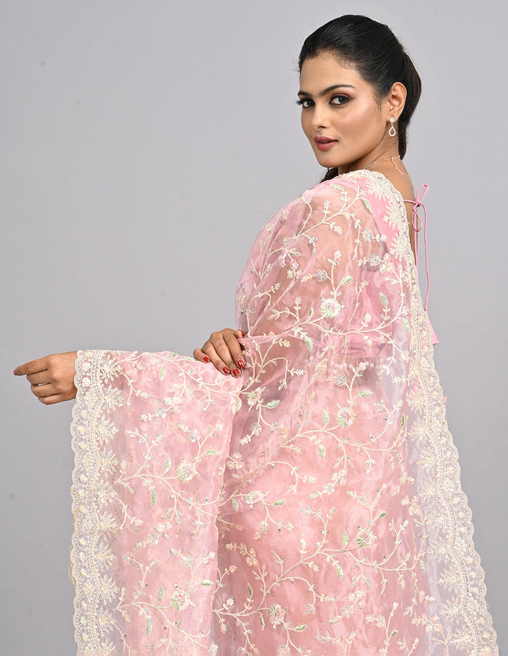 Ayla – Blush Pink Organza Saree with Thread & Stone Embroidery | Fazals (46586)