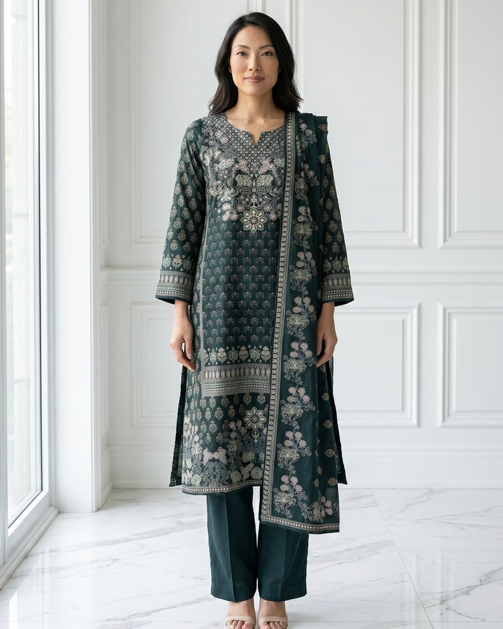 Bottle Green Crepe Embroidered Dupatta (56062)