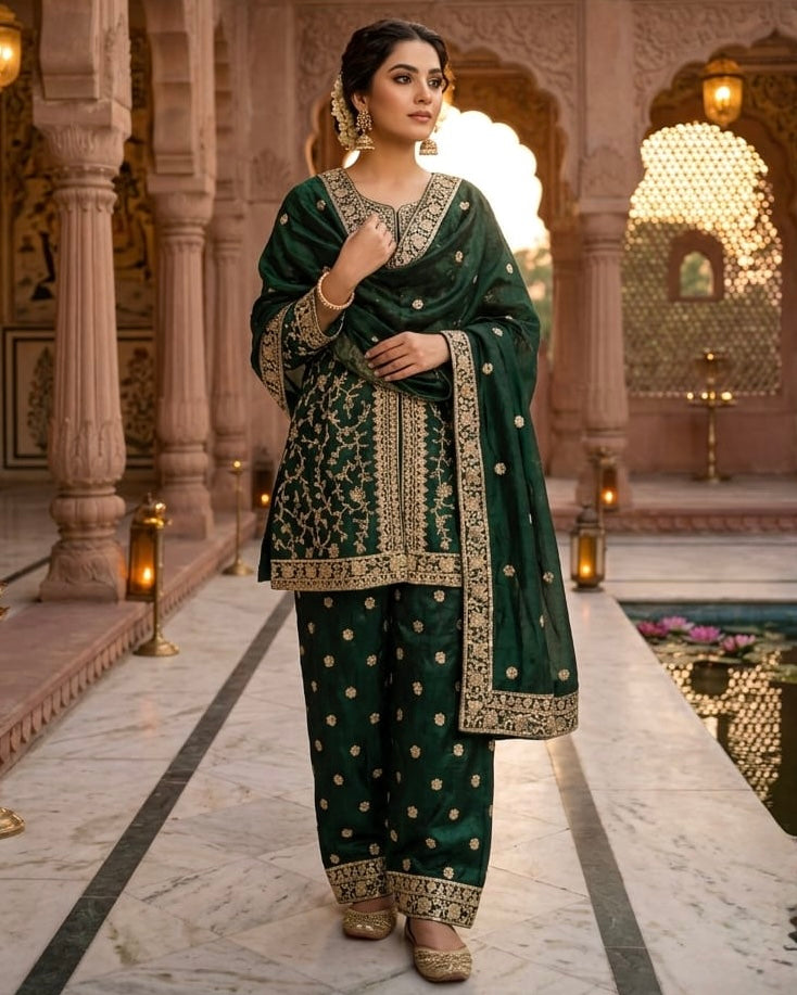 Zeerak – Bottle Green Tissue Straight Suit with Zari & Stone Work | Fazals (50602)