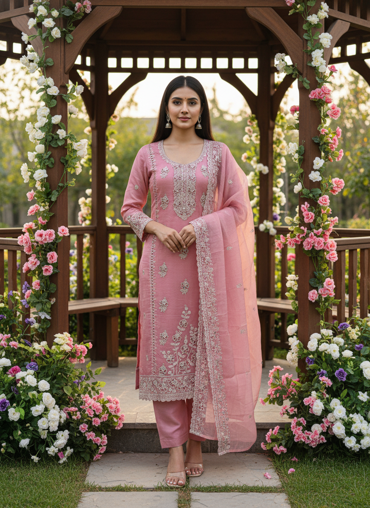 Rose Pink Embroidered Tissue for Festive Elegance (55216)