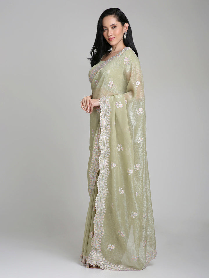 Samaira – Sage Green Chiffon Saree with Pastel Embroidered Border | Fazals (43392)