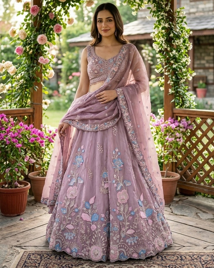Lavender Organza Embroidered Bridal Dupatta (54097)