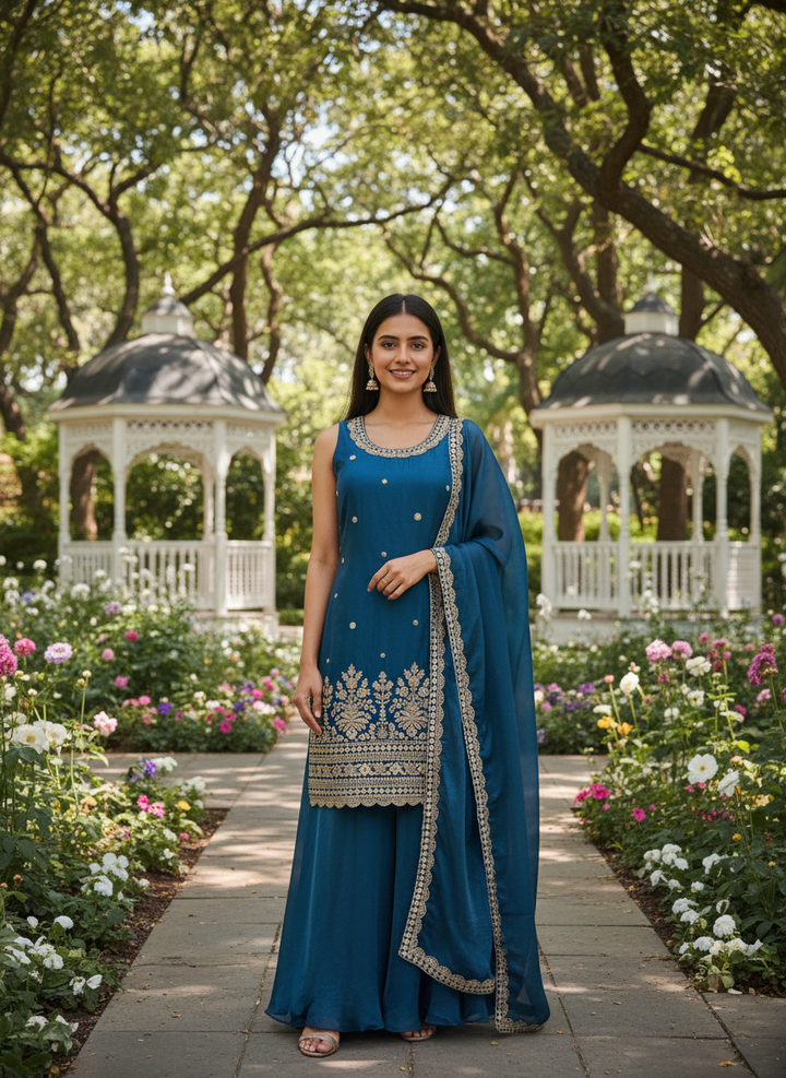 Peacock Blue Organza Plazo with Handwork (51794)