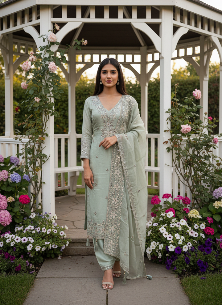 Green Tissue Handwork Unstitched Dress Material (52494)