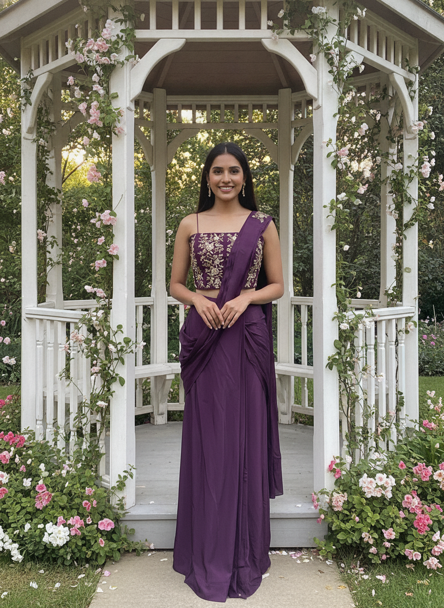 Wine Silk Embroidered Saree with Lustrous Drape (56438)