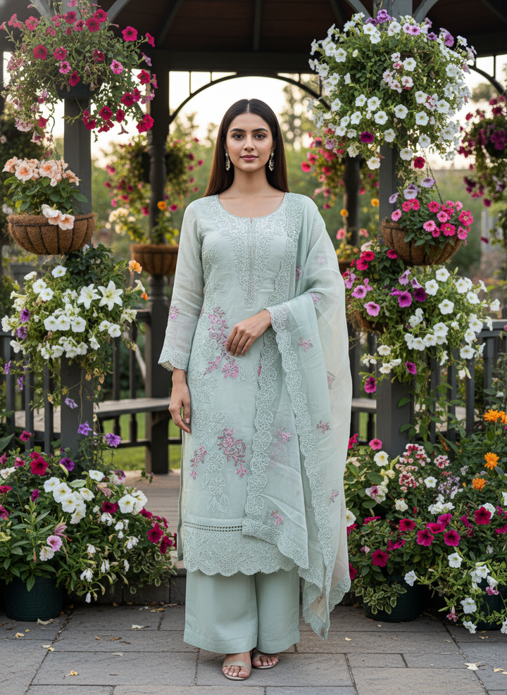 Light Green Organza Embroidered Unstitched Fabric (50925)