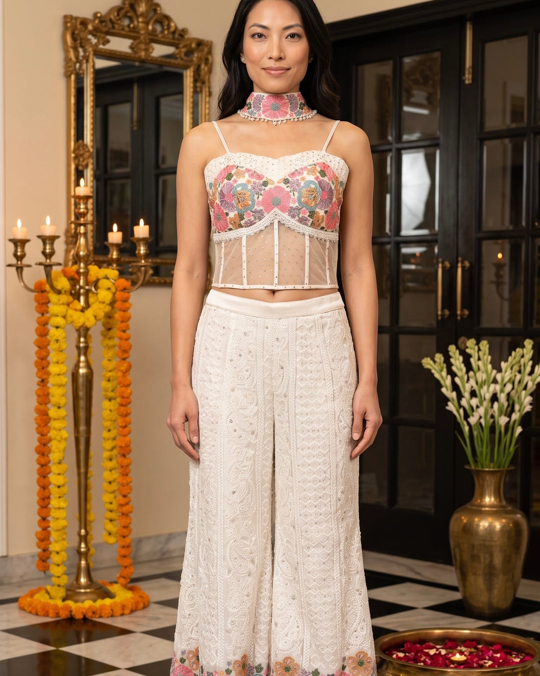Cream Georgette Embroidered Corset Blouse Pant Set (56563)