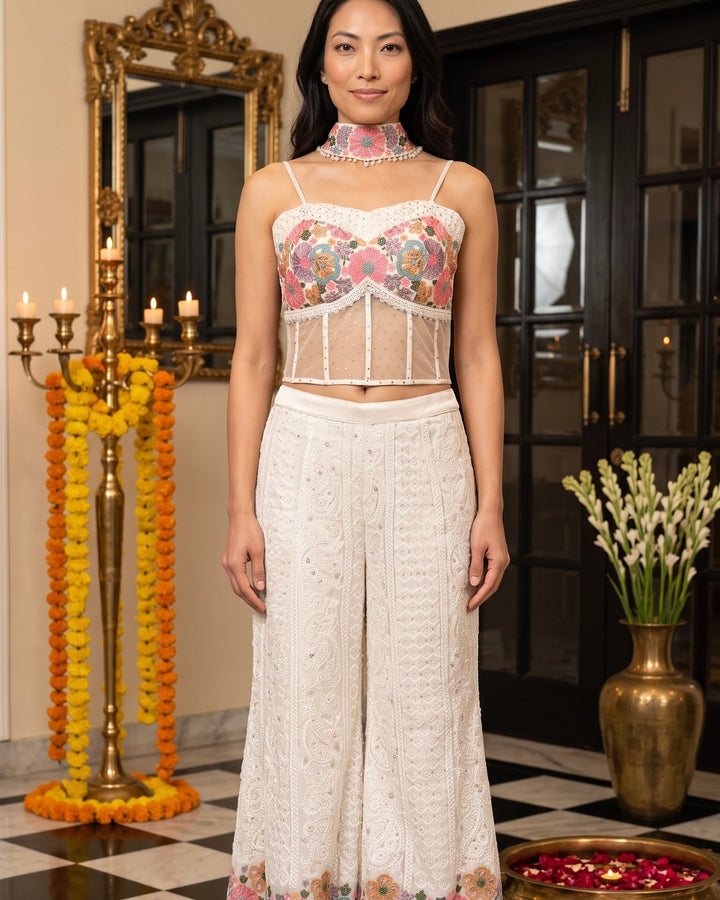 Cream Georgette Embroidered Corset Blouse Pant Set (56563)