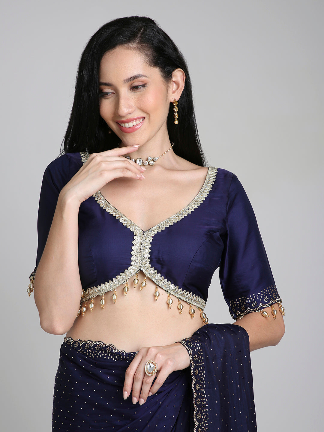 Ameera – Midnight Blue Chinnon Saree with Gold Swarovski Border | Fazals (45069)