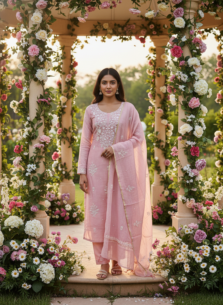 Pink Mull Embroidered Unstitched Dress Material (55335)