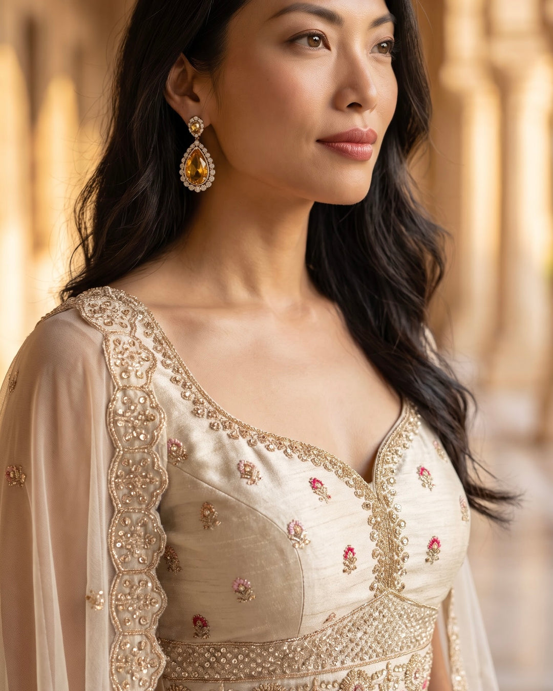Cream Silk Bridal Lehenga with Embroidery (49200)