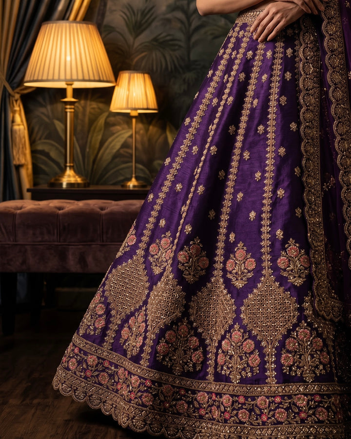 Embroidered Purple Silk Bridal Lehega (52296)