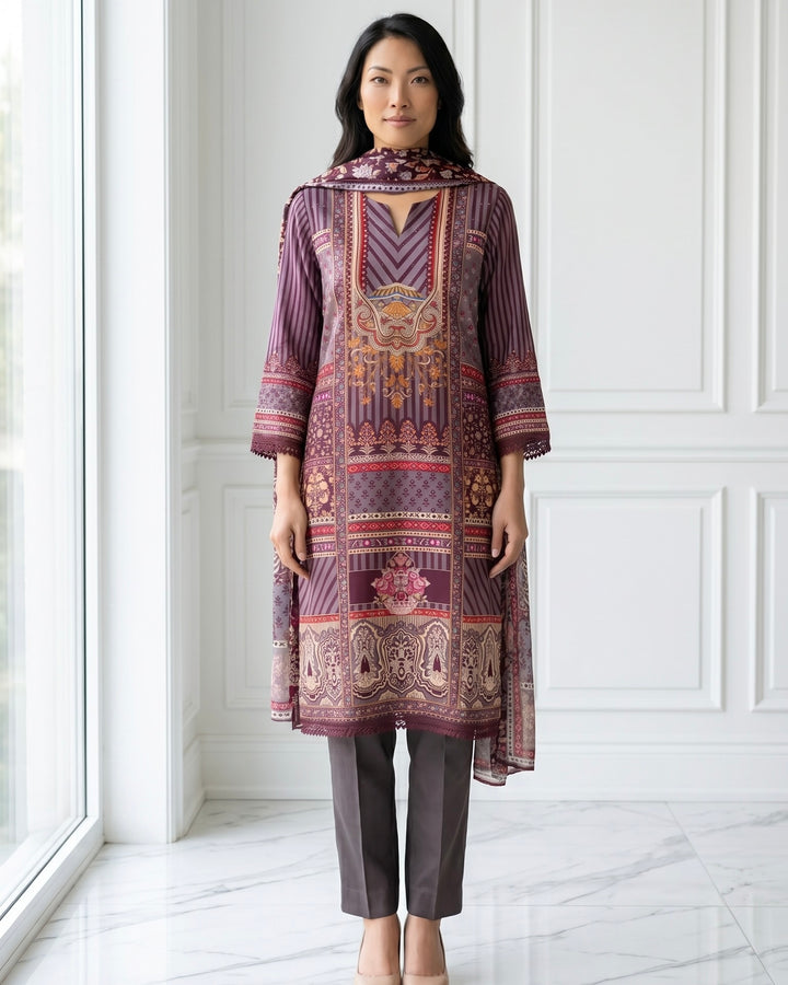Wine Crepe Embroidered Straight Cut Festive Ensemble (51353)