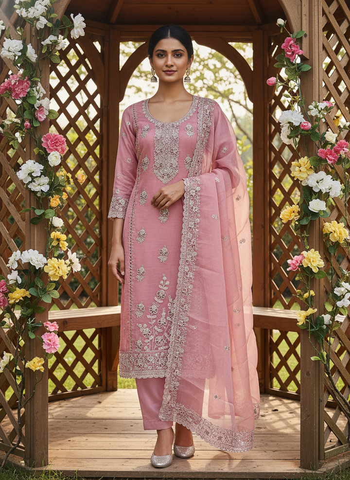 Rose Pink Embroidered Tissue for Festive Elegance (55216)
