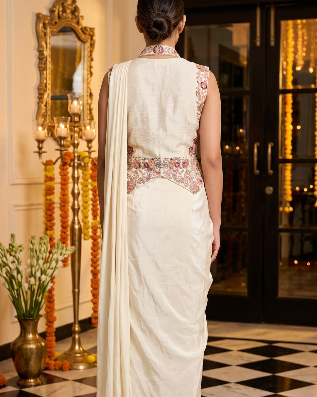 Cream crepe Saree with an Embroidered corset Top (60873)