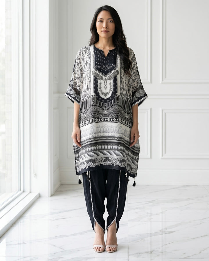White/Black Muslin Embroidered Festive Kaftan (42207)