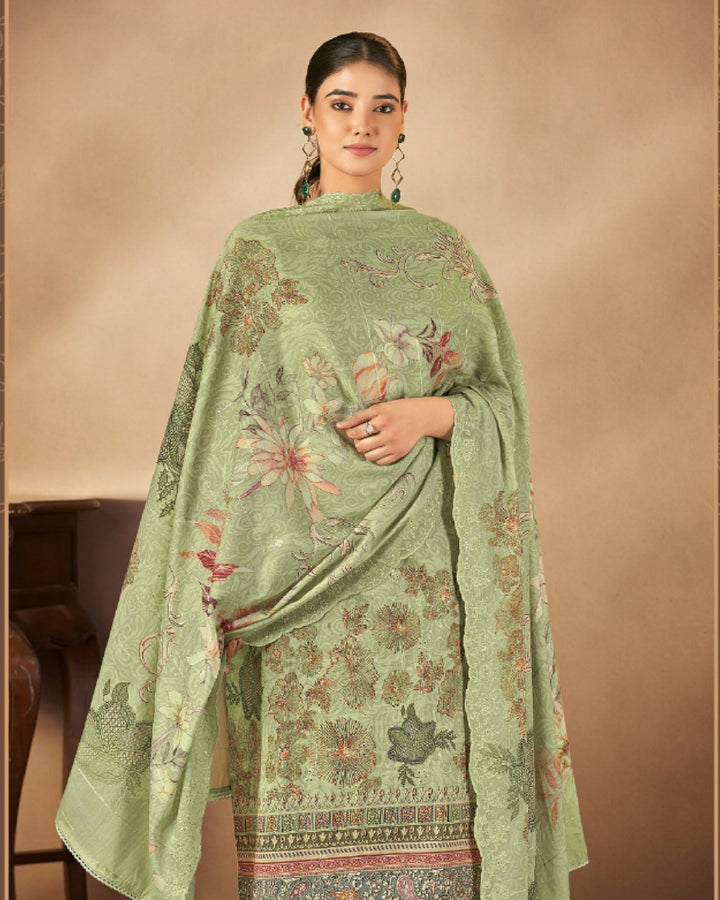 43979 - Printed Cotton Embroidered Suit With Cotton Duppatta