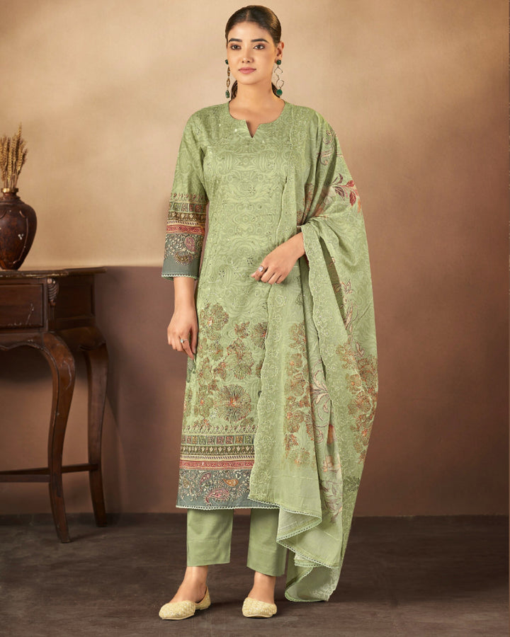 43979 - Printed Cotton Embroidered Suit With Cotton Duppatta