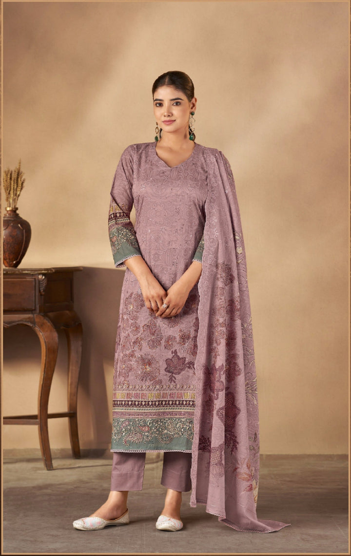 43980 - Printed Cotton Embroidered Suit With Cotton Duppatta