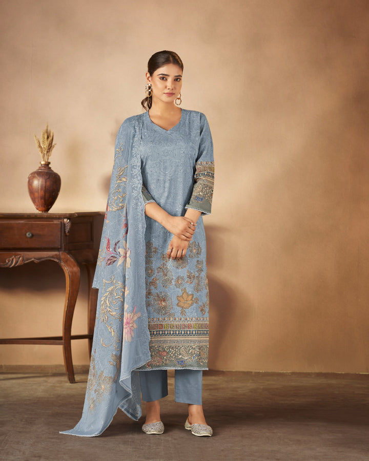 43982 - Printed Cotton Embroidered Suit With Cotton Duppatta