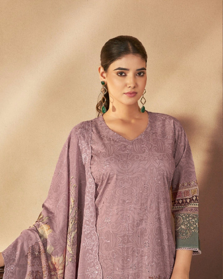 43980 - Printed Cotton Embroidered Suit With Cotton Duppatta