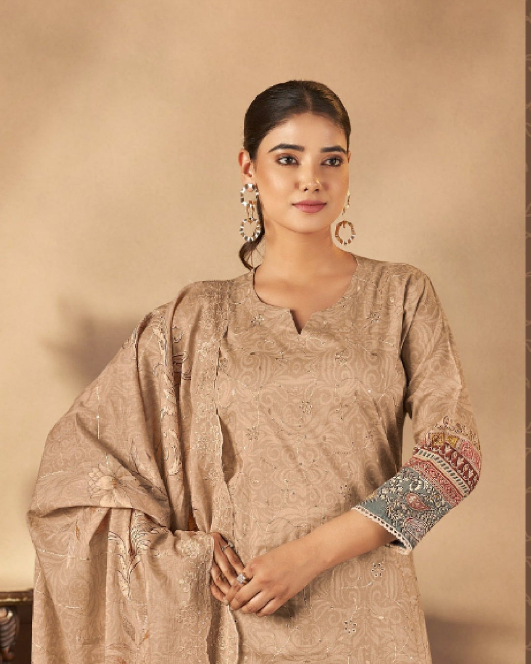 43981 - Printed Cotton Embroidered Suit With Cotton Duppatta