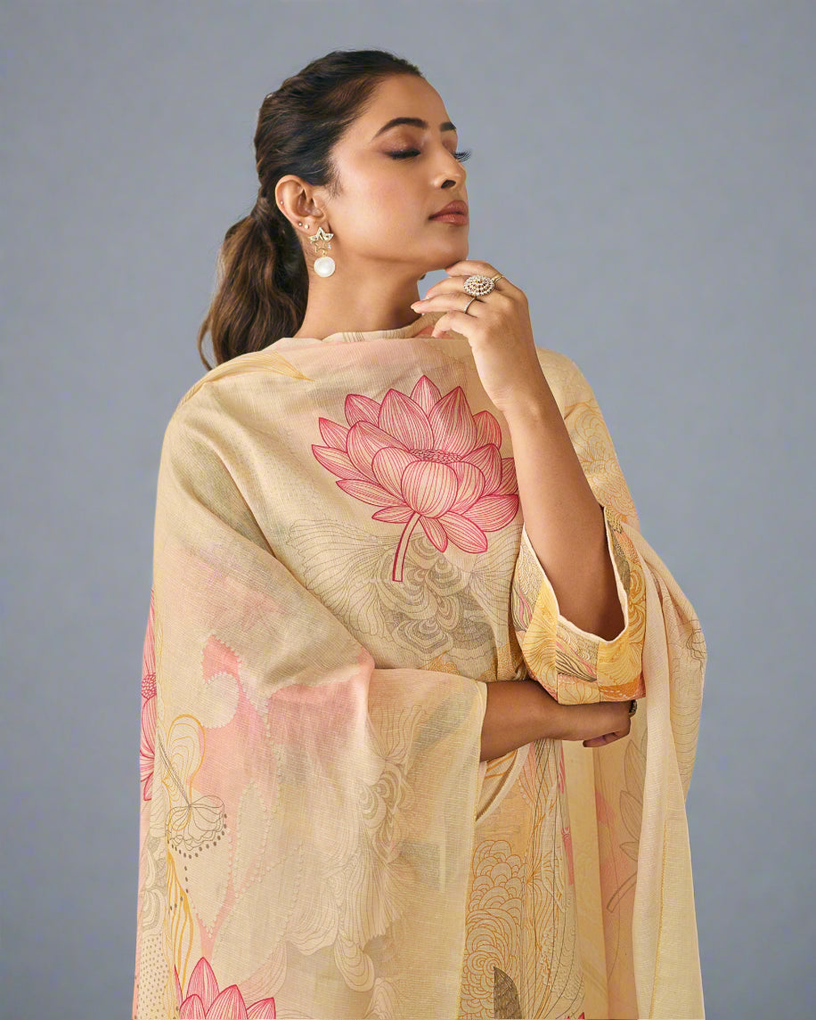 Beige Muslin Suit Set with Lotus Print Dupatta