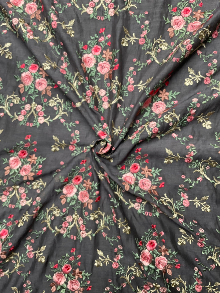 Mull Chanderi Embroidered Fabric