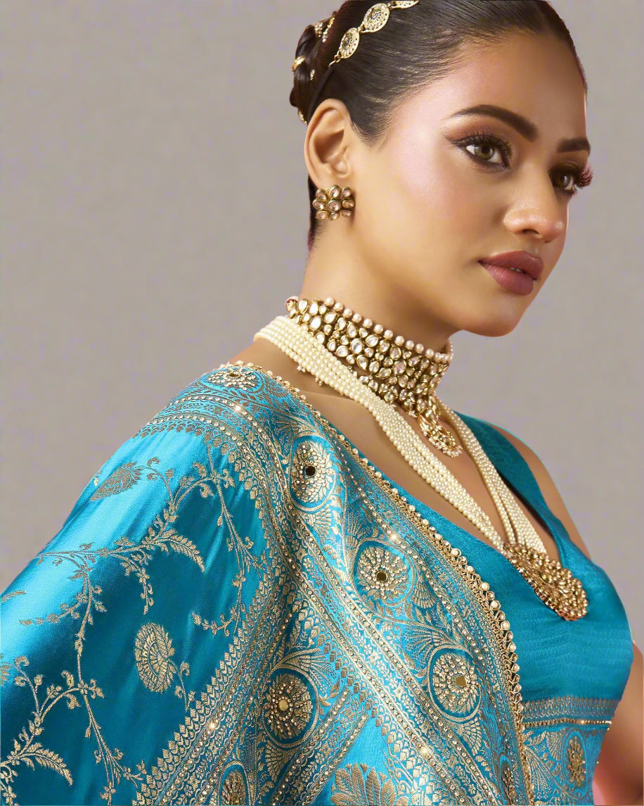 Sitara – Blue Banarasi Silk Saree with Antique Zari Detailing | Fazals