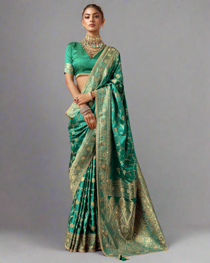 Ishita – Emerald Green Banarasi Silk Saree with Swarovski & Zari Work | Fazals