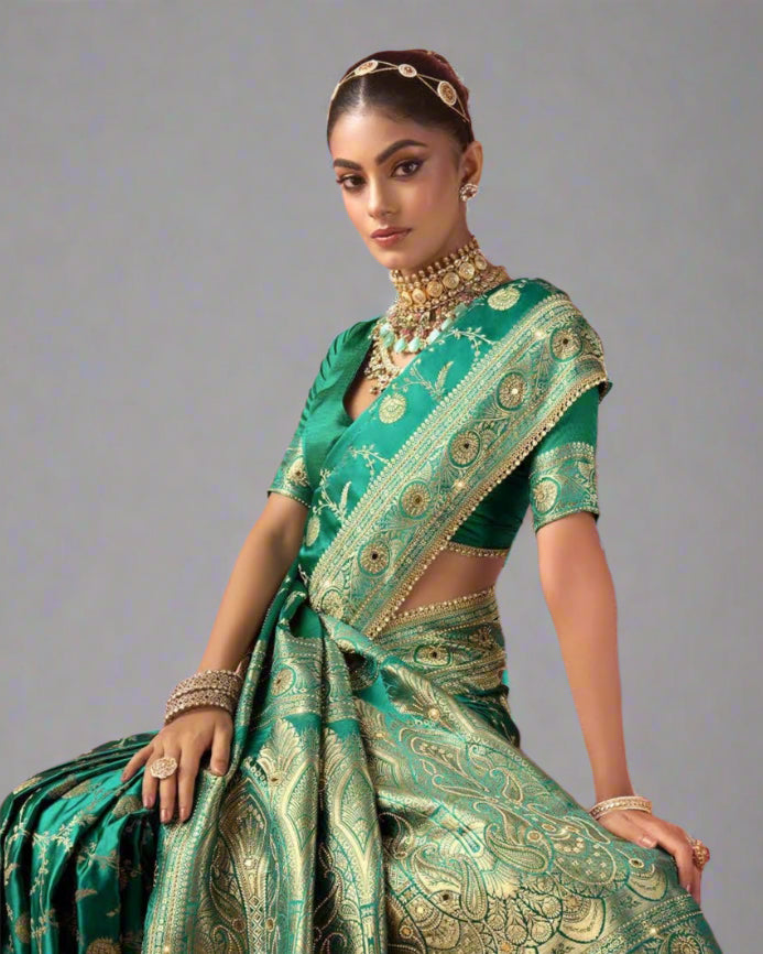 Ishita – Emerald Green Banarasi Silk Saree with Swarovski & Zari Work | Fazals